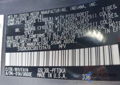 2011 Toyota Sienna Base V6 z USA, uszkodzony, nr VIN 05TDZK3DC5BS13147